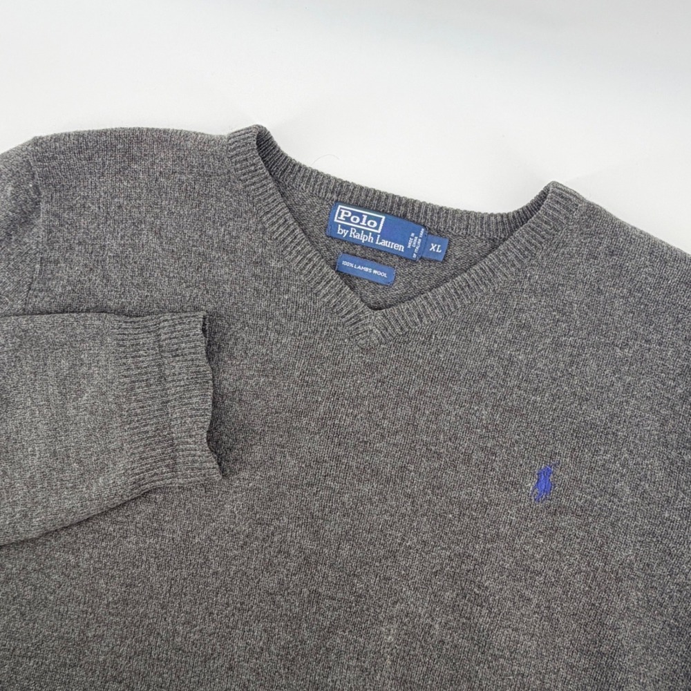 Polo Ralph Lauren Mens XL Charcoal Grey 100%‎ Lambswool V-Neck Sweater Pony Logo